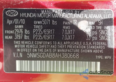 2010 Hyundai Santa Fe Gls из США, поврежденный, VIN 5NMSGDAB8AH380668